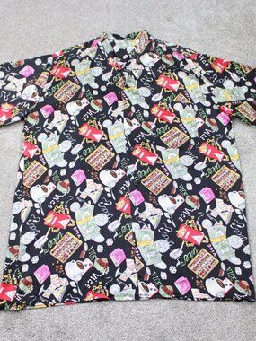 VTG Nicole Miller Vices Shirt Mens XL Black Colorful AOP 100% Silk Short Sleeve